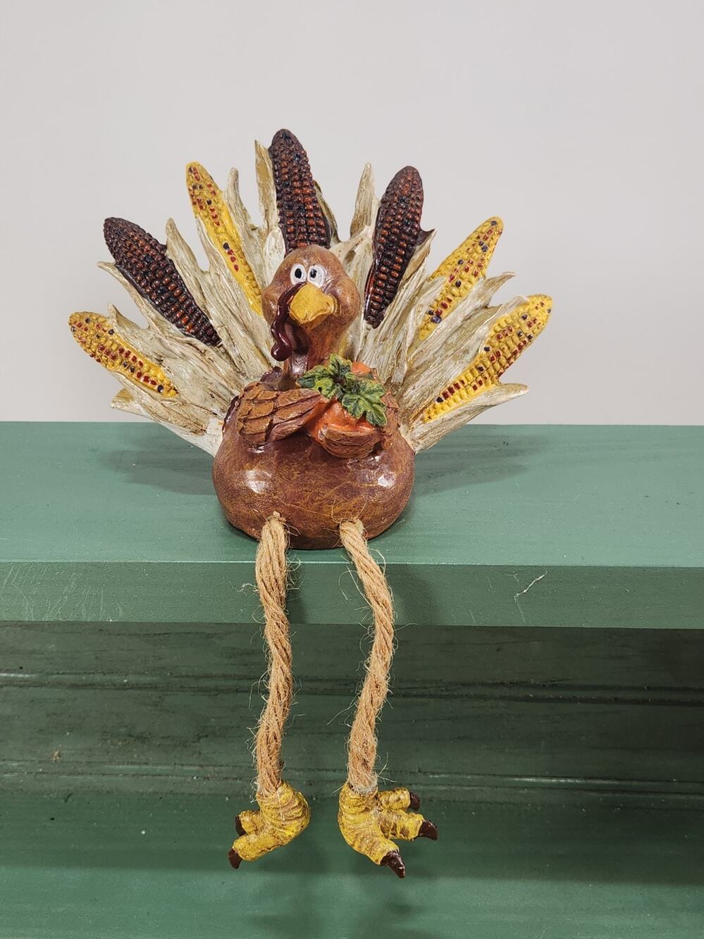 Thanksgiving Turkey Shelf Sitter Dangling Rope Legs Corn Harvest Fall Decor